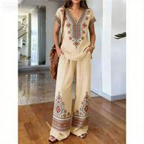 Tie-dye printed cotton-linen shirt wide-leg pants two-piece set, bohemian style vacation casual set for women 2XL beige