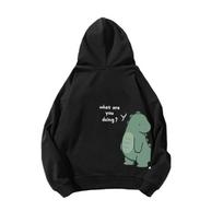Dino‑charm Men Hoodie Back Cute Cartoon Dinosaur Slogan Graphic Print Pullover For Trendy Daily Street Wear Outfits L