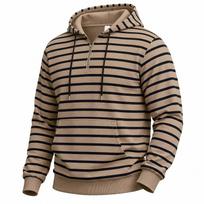 Men Striped Half Zip Hoodie Drawstring Henley Sweatshirt Casual Long Sleeve Hooded Pullover  Sport Top XL