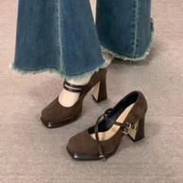 Fashionable Brown Suede Square Toe Mary Jane Heels Summer Button Up Casual Women Shoes 39 gray