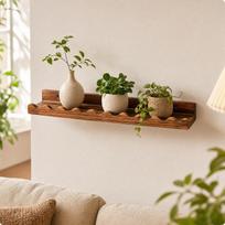 Wood Wall Shelf with Raised Back Rail Recessed Screw Installation WallMounted Storage Wooden Dark Burnt