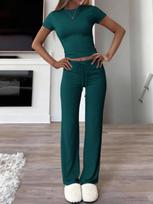 NOIRLYN Women's Fall Two Pieces Y2K Sportswear Gym Casual Daily Solid Color Short-Sleeved Round-Neck T-Shirt And Slim Straight-Leg Long Pants Set L white