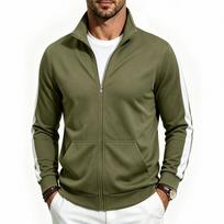 Men's Stand Collar Full Zip Track Jacket, Long Sleeve Side Contrast Striped Casual Sweatshirt Coat with Front Pockets XXXL armijos žalia spalva