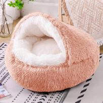 Cat Bed Round Plush Fluffy Hooded Cozy Cat Bed Cave for Indoor Donut Self Warming Small Dog Bed Anti-anxiety Puppy Kennel S DIA 40CM white