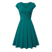 Fashion Women Color Dress V-Neck Short Sleeve Evening Party Dress XL blue