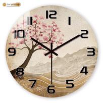 Vintage Cherry Blossom Mountain Clock - Traditional Tree & Wave Art, Silent Precision Movement, Tea Room/Classic Home Decor 10 inch beige