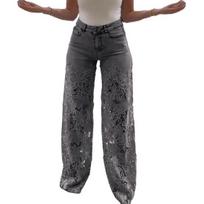 Casual Baggy Wide Leg Denim Pants with Lace Patchwork and Floral Hollow Out Design XXXL pilka