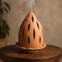 Terracotta Essential Oil Burner, Handmade Clay Tealight Candle Holder, Wax Melt Warmer and Aroma Diffuser with Leaf Cutouts for Bedroom Yoga Gift 6-8 inches tall brown