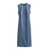 Women's clothing, European, American summer French fashion crew neck denim Midi dress L mėlyna