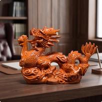 ChineseStyle Ornamento Dragón | Intricate Carved Wood, Dragon Figurine, Glossy Polished Finish, 38CM