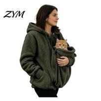 Soft Women Hoodie Pet Pouch Zip-up for Women, Cat Dog Carrying Pocket Hooded Sweatshirt, Winter Warm Fleece Long Sleeves Jacket Animal Lovers Friendly L