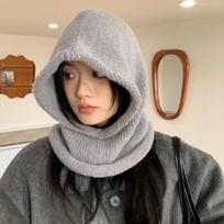 Solid Color Knitted Balaclava Hat Woolen Neck Collar Beanies Cap Fashion Hooded Cap  Winter pilka