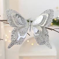Glitter Christmas Butterfly Pendant with Clip Realistic Artificial Butterfly Ornaments Reusable Colorful Butterfly Hanging Decor gray