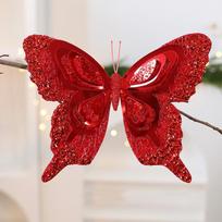 Glitter Christmas Butterfly Pendant with Clip Realistic Artificial Butterfly Ornaments Reusable Colorful Butterfly Hanging Decor raudona