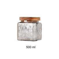 Wood Lid Kitchen Glass Bottle Square Grains Storage Box Embossed Glass Storage Jar  Nut Style D