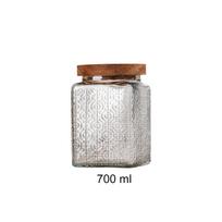 Wood Lid Kitchen Glass Bottle Square Grains Storage Box Embossed Glass Storage Jar  Nut Style E