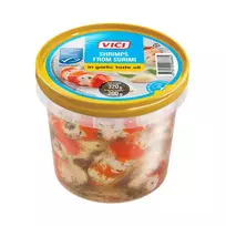 Didžiosios surimio krevetės česnakų skonio aliejuje VIČI, 320 g