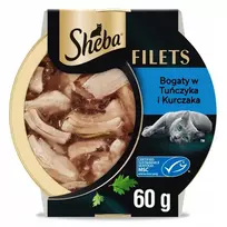 Visavertis šlapias ėdalas suaugusioms katėms su vištiena ir tunu SHEBA FILETS, 60 g