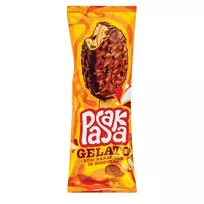 Karameliniai grietininiai ledai su sūrios karamelės įdaru ir pieninio šokolado skonio glaistu su migdolais PASAKA GELATO, 82 g