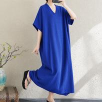 Women's Plus Size V-Neck Maxi Dress, Loose Casual Short Sleeve Long Dress (XL-5XL) 5XL mėlyna