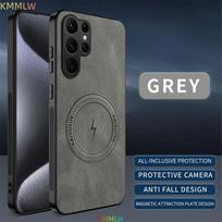 For Samsung Galaxy S26 S25 S24 S23 S22 S21 Ultra Plus FE Case Luxury Leather Skin Magnetic Magsafe Protective Back Cover Galaxy S25 gray