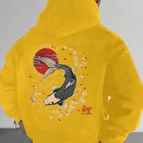 Koi‑bloom Men Hoodie Front Plain Chest, Back Oriental Koi Cherry Blossom Art Graphic Pullover for Trendy Daily Street Outfits L