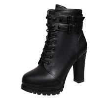Women Autumn Ankle Boots Sexy Office High Heels Platform Boots Round Toe Leather Booties Black Pumps Ladies Party Shoes New 38 black
