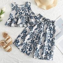 Summer New Style Fashionable Retro Floral Suit Korean Style Children's Clothing Girls Vest Wide Leg Pants Holiday Style Two Pieces 4Y mėlyna