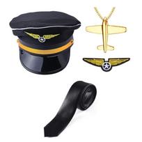 Airline Captain Costume Flight Attendant Role Play Outfit Hat Uniform Epaulets Neck Tie Gloves Adult Halloween Costume black