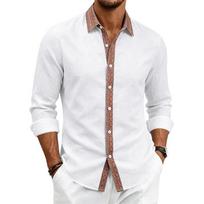 Spring and Autumn Retro Linen Long-sleeved Shirt Cross-border US Size Ethnic Style Contrasting Color Placket Lapel Shirt Men XL balta