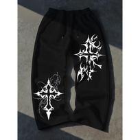 Men's Gothic Wide‑Leg Sweatpants, Dark Streetwear Graffiti Print Loose Casual Pants 2XL juoda