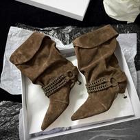 Women's Autumn And Winter High-quality Suede Leather Fashion Ladies Short Boots Pointed High Heels Ankle Boots 38 brown