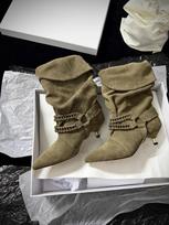 Women's Autumn And Winter High-quality Suede Leather Fashion Ladies Short Boots Pointed High Heels Ankle Boots 40 gray