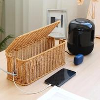 Handmade Cable Management Box, Durable Rattan Cable Organizer, 2 Open Slots Cords Hider Box, Under Desk Cord Organizer brown