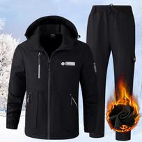 Vyriškas komplektas Žieminis vandeniui atsparus lauko komplektas Didelio dydžio komplektas Šilta striukė + Šiltos kelnės 2 dalių komplektas 4XL black