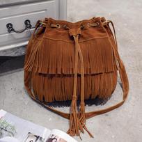 Bohemian Suede Fringe Messenger Bag with Tassels and Drawstring Closure brown
