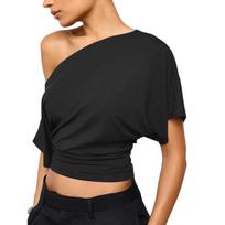 Women's Fashion New Summer Off-Shoulder Loose Short-Sleeve T-Shirt Top S black