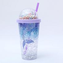 Water bottle cartoon pass plastic water cup Internet celebrity high value double straw cup Children's cute sequined broken ice cup 550ml gray
