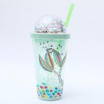 Water bottle cartoon pass plastic water cup Internet celebrity high value double straw cup Children's cute sequined broken ice cup 550ml