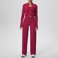 Bare-Feel 3-Piece Yoga Set: Backless Vest, High-Waisted Wide-Leg Pants, Tight Zip Long-Sleeve Jacket. Medium brown