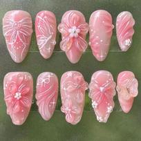 24Pcs Almond Press On Nails Ocean Blue French Tip With Flower Pearl Glitter Simple Wearable False Nail Art Manicure Set white