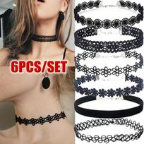 6pcs Choker Necklace Set, Stretch Velvet & Lace Tattoo Chokers, Classic Gothic Necklaces for Women, Parties & Daily Wear 6pcs black