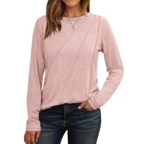 Women's Long Sleeve Shirt Pleated Round Neck Casual Loose Fashion Tops L rožinė