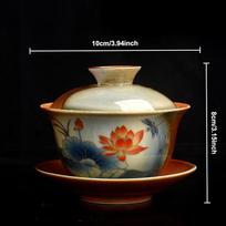 Hand Painted Lotus Gaiwan Ceramic Porcelain Tea Tureen Bowl Rotatable Lid Saucer Vintage Teacups Tea Ceremony Teaware Drinkware beige