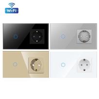 Touchmi WiFi and Zigbee Compatible 1 Gang 1 Way LED Wall Switch with Germany Version Socket and Glass Panel (as the picture,86*157mm) black