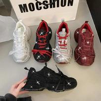 Women Rhinestone Chunky Dad Shoes Autumn Thick Sole Casual Sneakers Non Slip Rubber Low Top Flashing Sport Footwear 37