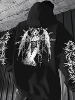 Grunge‑aura Men Hoodie Front Simple Blank Chest Motif, Back Ornate Dark Angel Sleeve Thorn‑scratch Graphic Pullover for Soft Relaxed Daily Casual Wear M