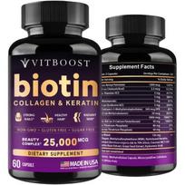 Beetboost Biotin Hyaluronic Acid Collagen Keratin 25,000 Micrograms Hair Growth Vitamin Men & Women Nails & Hair Growth Made in the USA 60 Capsules