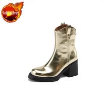 Fashion Booties Heeled Fur Combat Women's Ankle Boots Punk Style Very High Heels Patent Leather Female Short Shoes Boot Footwear New In 40 beige