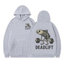 Fish Skeleton Deadlift Fish Bone Gym Workout Vintage Graphic Hoodie Men Women Winter Long-sleeved Fashionable Casual Sportswear 3XL
